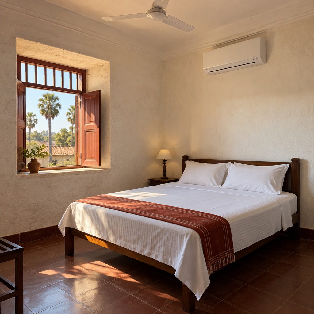வெள்ளை விரிப்பு, ceiling fan, ஆழமான சன்னல் வழியே பிற்பகல் கொண்ட எளிய AC அறை
