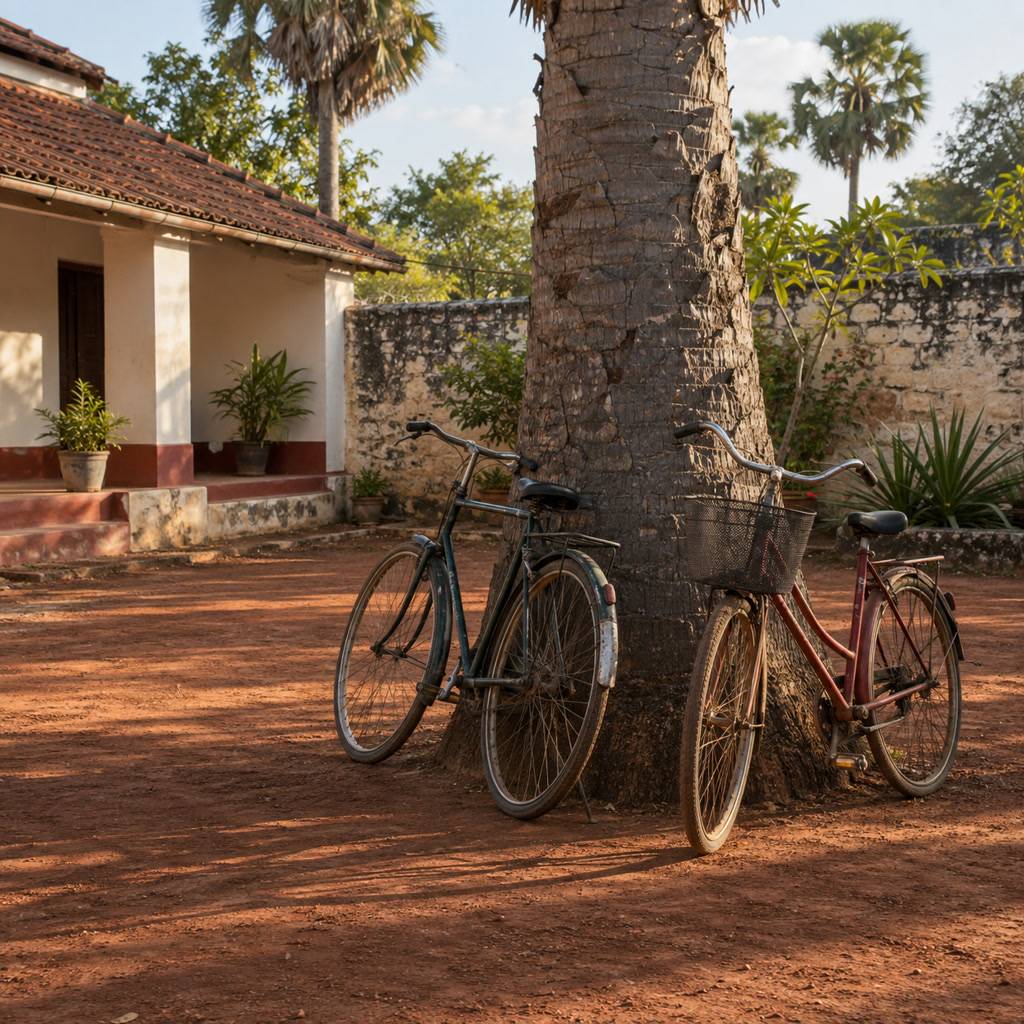 பனைத் தண்டில் சாய்ந்த bicycle இரண்டு, சிவப்பு மண், பிற்பகல்