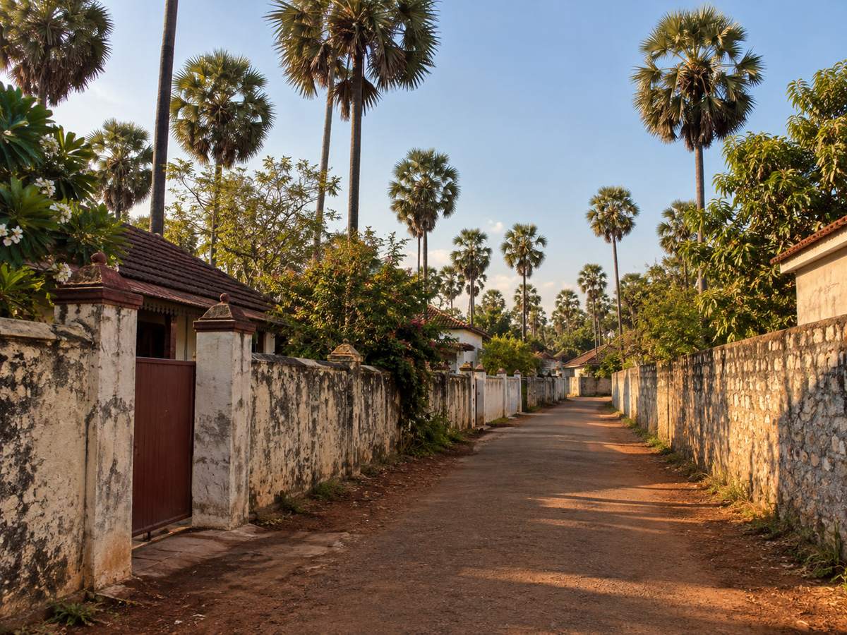 சுண்டிக்குளி அமைதியான ஒழுங்கை: சுண்ணக்கல் மதில்கள், பனை, வாகனம் இல்லை